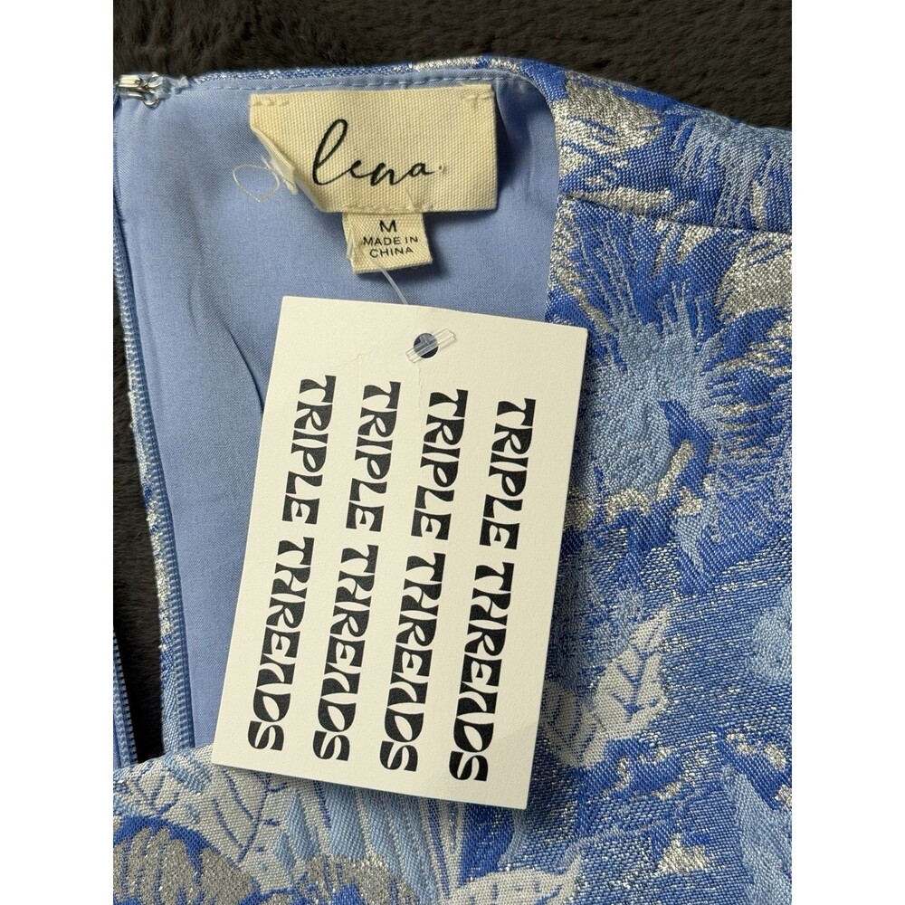 Lena Women’s M Blue Silver Floral Brocade Jacquard Puff Sleeve Mini Dress - Picture 12 of 12